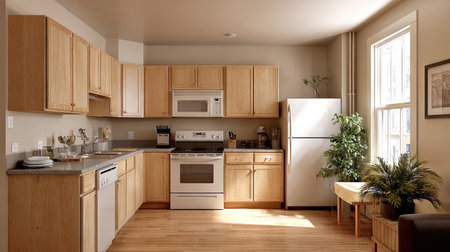 A bright and modern kitchen interior showcases oak cabinets and stainless steel appliances. The warm wooden flooring creates a cozy atmosphere.の素材