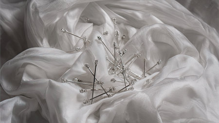 A captivating arrangement of silver pins resting gracefully on soft white fabric, showcasing delicate textures and elegance ideal for fashion and design projects.の素材