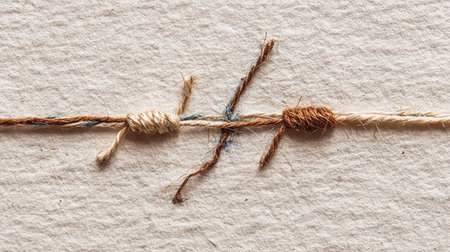 This detailed close-up image showcases intertwined natural threads on a textured background, perfect for textile projects, crafting inspiration, or artistic design use.の素材