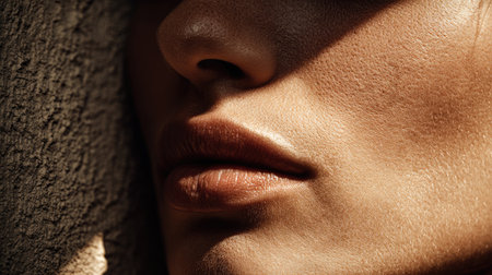 A captivating close-up image that highlights the beauty of lips and skin textures, featuring dramatic contrasts of light and shadow, evoking emotion.の素材