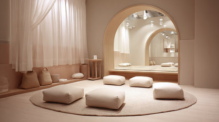 This serene meditation space features soft lighting and a minimalist design with comfortable cushions placed on a round rug, promoting relaxation and mindfulness practices.の素材
