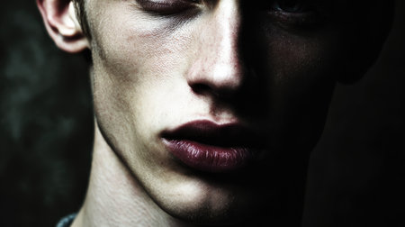 This striking portrait captures a young man's intense expression enhanced by dramatic lighting and deep shadows, evoking a sense of mystery and emotion.の素材