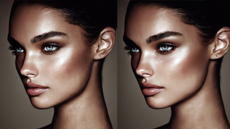 This captivating beauty portrait features a model with radiant skin, strong highlights, and refined jawline, perfect for beauty and fashion projects.の素材