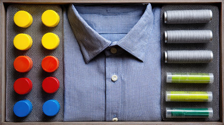 This image features a stylish flat lay of a patterned shirt, vibrant buttons, and neatly arranged spools of thread, showcasing creativity and design.の素材