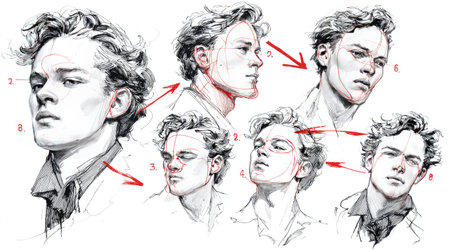 This collection showcases artistic sketches of a young male figure, highlighting various poses and expressions. The detailed illustrations offer insights into facial features and styles.の素材