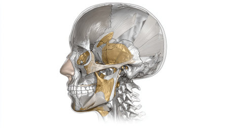 This detailed anatomical illustration showcases the human skull and facial structure from a side view, emphasizing individual bone composition and arrangement. Ideal for educational and medical use, the image serves as a valuable resource for anatomy studies and visual learning.の素材