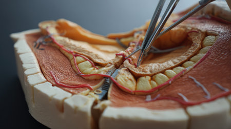 A highly detailed anatomical model of the human pelvis showcasing intricate vessels and nerve structures, ideal for medical education purposes.の素材