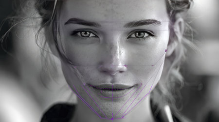 A captivating close-up portrait of a young woman showcasing her striking eyes, complemented by an artistic facial analysis grid that emphasizes beauty.の素材