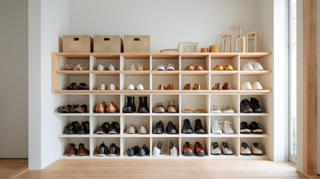 A stylish and organized footwear display featuring a wooden shelf. This minimalist arrangement highlights various shoe styles in a bright, inviting space.の素材