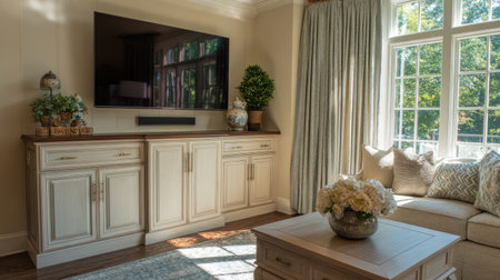 Discover a cozy living room that features modern furniture, a stylish television, and elegant decor, all enhanced by bright natural light and a warm atmosphere.の素材