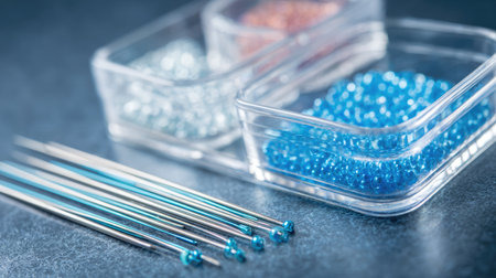 Close-up image of sewing needles laid beside colorful beads in clear containers on a blue background, perfect for highlighting crafting and DIY inspiration.の素材