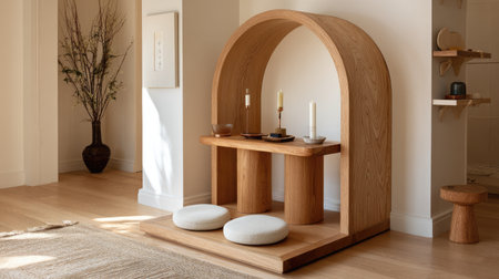 This image features a minimalist wooden nook that exudes warmth and serenity. Soft lighting, candles, and natural decor create a cozy atmosphere, perfect for relaxation.の素材