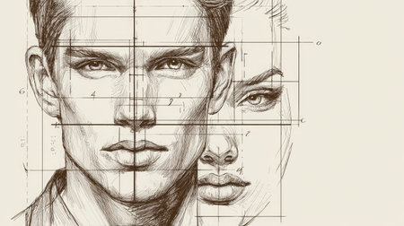This artistic illustration features a male and female face sketched with precision, layered over a measurement grid, showcasing beauty and proportion in an elegant manner.の素材