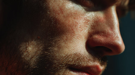 Captivating close-up portrait of a young man highlighting textured skin and intense emotion, beautifully illuminated by natural light, showcasing character and depth.の素材