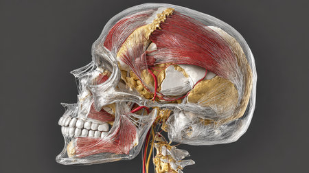 This detailed anatomical illustration features a human skull displaying muscles and nerves, perfect for educational and medical purposes.の素材