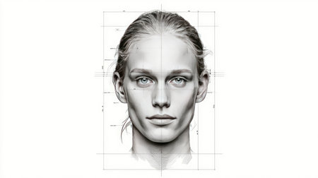 This striking monochromatic illustration showcases a perfectly symmetrical human face, emphasizing clarity and artistic detail. Perfect for beauty and design projects.の素材