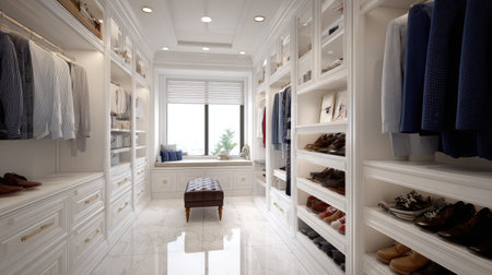 This stylish walk-in closet features elegant shelves and organized storage, enhancing the spacious interior with natural light that creates a cozy atmosphere.の素材