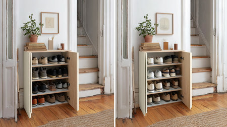 Discover a beautifully designed shoe storage cabinet with open doors, showcasing neatly organized footwear in a welcoming and modern home environment.の素材
