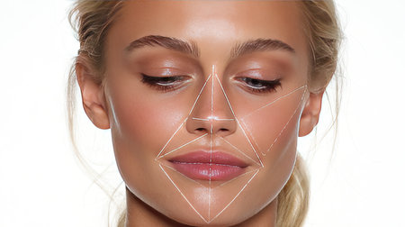 This image features a close-up of a woman's face marked with geometric lines, showcasing beauty analysis and skincare techniques for enhancing facial aesthetics.の素材