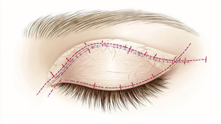 This detailed illustration showcases the eyelid surgery procedure, highlighting the stitches and anatomy of a closed eyelid, perfect for educational use.の素材