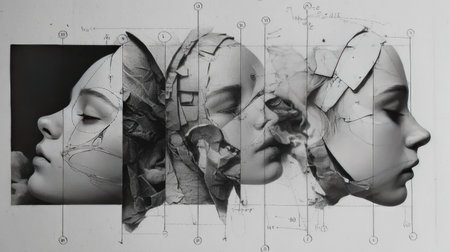 This captivating artwork showcases an abstract fusion of human faces with geometric elements and natural textures, exploring identity and transformation.の素材
