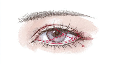 This detailed illustration showcases a human eye, highlighting the intricate structures and artistic enhancements in a close-up perspective, emphasizing emotion and beauty.の素材