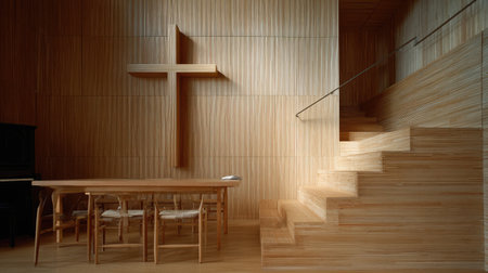 A serene interior showcasing a minimalist design with warm wooden tones, featuring a prominent wooden cross, a dining table, and elegant stairs.の素材