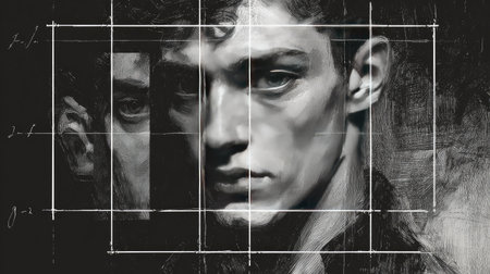 This striking monochrome portrait features a young man surrounded by a grid overlay, emphasizing the beauty of artistic expression through digital techniques.の素材