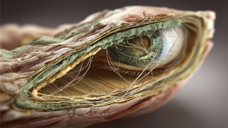 This image showcases a detailed close-up of an eye structure, highlighting unique anatomical features, tissues, and intricate nerve fibers, perfect for educational and scientific purposes.の素材