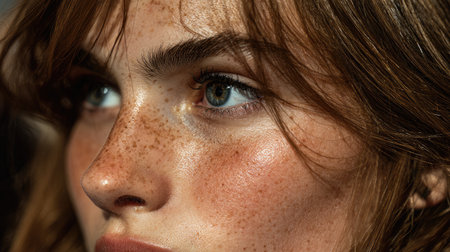A captivating close-up portrait of a young woman, showcasing her freckles and stunning natural beauty under soft light, highlighting emotional depth and grace.の素材