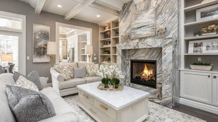A beautifully designed living room showcasing a cozy and inviting atmosphere with a modern aesthetic. The elegant fireplace and stylish decor elements create the perfect space for relaxation and family gatherings.の素材