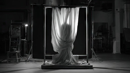 A captivating black and white image featuring a figure partially obscured by flowing drapery within a studio environment, creating an air of mystery and elegance.の素材
