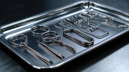 A collection of metal surgical instruments neatly arranged on a gleaming stainless steel tray, highlighting precision and cleanliness in a healthcare setting.の素材
