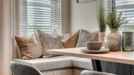 This image showcases a cozy modern interior featuring soft cushions and decorative plants. The inviting nook near a window creates a serene atmosphere perfect for relaxation.の素材