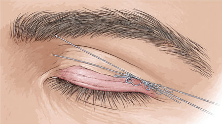 This image depicts a detailed surgical technique for eyelid reconstruction, showing the intricate process of stitching a wound on the eyelid.の素材