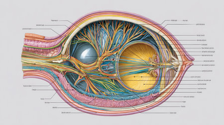 This detailed anatomical illustration showcases the intricate structures of the human eye, highlighting nerve pathways and various tissues essential for vision.の素材