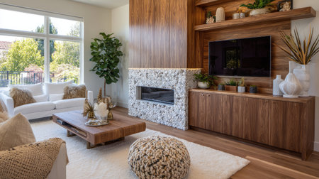 Experience the charm of this modern living room featuring a sleek sofa, an elegant fireplace, and tasteful decor, creating a harmonious atmosphere.の素材