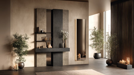 A minimalist living room showcasing elegant decor, natural elements, and soft lighting, creating a tranquil and stylish atmosphere for relaxation.の素材