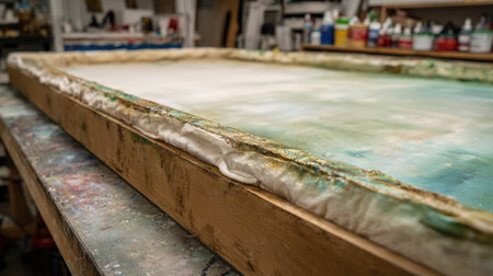 Detailed view of a canvas frame resting on a table in an art studio, showcasing unique textures and soft color gradients that inspire creativity.の素材