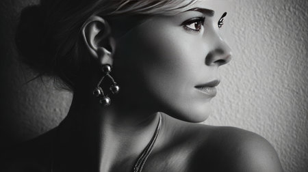 This striking black and white portrait captures the elegant profile of a woman adorned with beautiful jewelry. The interplay of light and shadow adds depth and emotion, creating a timeless image that embodies sophistication and beauty.の素材
