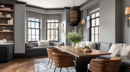 This modern dining room features an elegant wooden table surrounded by stylish seating, offering a cozy nook with ample natural light and decorative elements.の素材