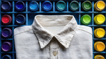 A neatly folded white collared shirt rests at the center of a vibrant arrangement of colorful paints, ideal for artistic and creative projects.の素材