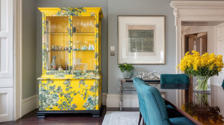 A vibrant yellow glass display cabinet adorned with floral patterns stands in an elegant dining room, complementing the modern furniture and inviting atmosphere.の素材