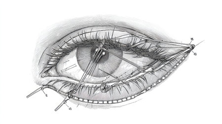This intricate illustration showcases the detailed anatomy of a human eye, highlighting surgical instruments used and precise measurements for medical education.の素材