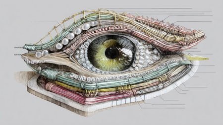 This captivating illustration presents a detailed and colorful artistic interpretation of an eye, highlighting intricate textures and complex structures. The unique design blends creativity with anatomical features, evoking a sense of imagination and wonder.の素材