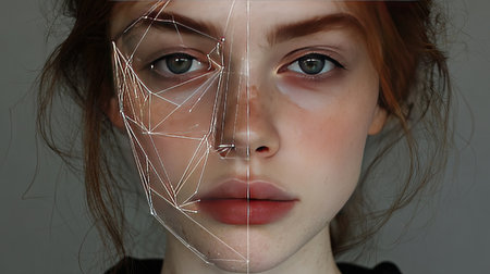 This striking portrait blends realistic facial features with abstract lines, showcasing a fascinating exploration of duality and emotion in art.の素材