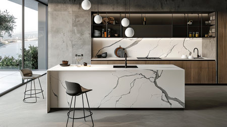 Experience the elegance of a modern kitchen with sleek marble countertops and warm wood accents, perfectly illuminated by natural light.の素材