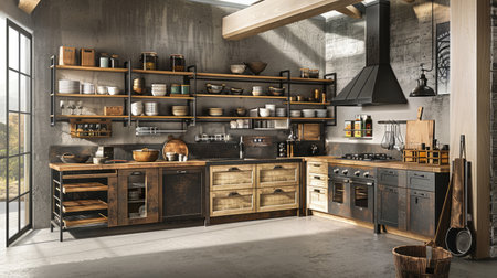 This modern industrial kitchen features open shelving, rustic wood accents, and warm earth tones, creating an inviting and stylish cooking space perfect for any home chef.の素材