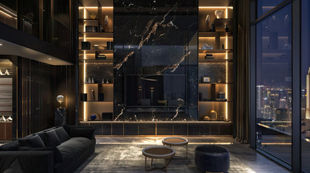 A stunning modern living room featuring a dark marble accent wall, elegant lighting, and a breathtaking city view at night, perfect for contemporary decor inspiration.の素材