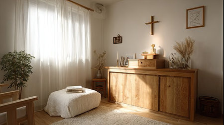 This image showcases a cozy and minimalist living room filled with natural light. The wooden furniture and soft textures create a serene atmosphere, perfect for relaxation.の素材